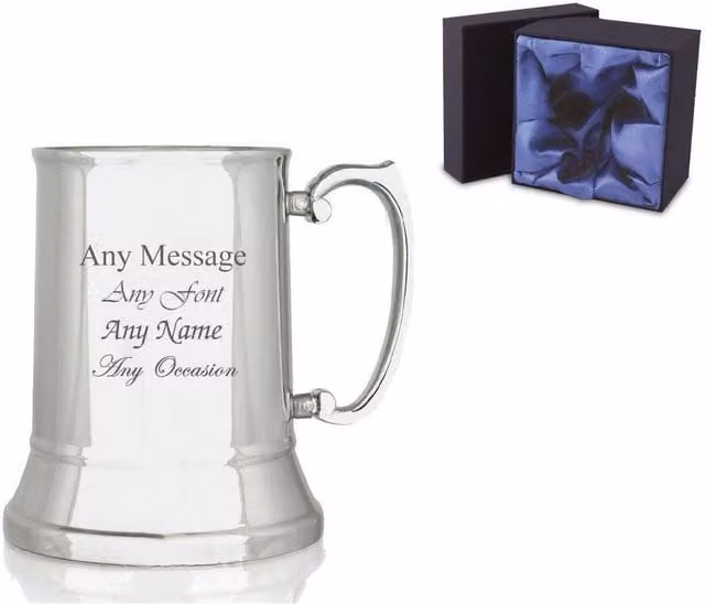 Uniqueful Personalised Stainless Steel Tankard in Silver with Blue Satin Lined Box, 480 ml