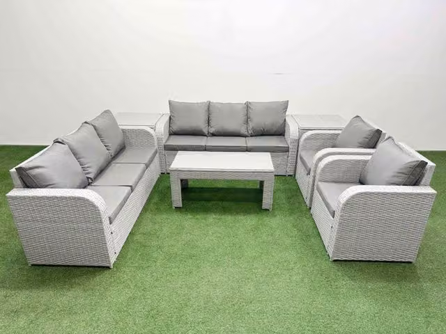 Fimous PE Rattan High Back Lounge Sofa Set in Light Grey with 3 Seater Sofa, Reclining Chair, Oblong Coffee Table and 2 Side Tables