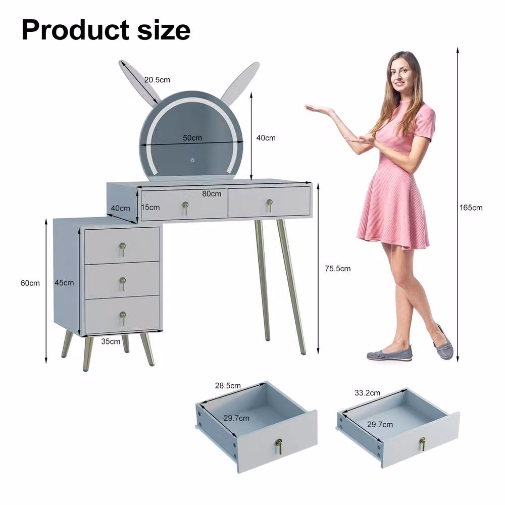 KEEPREAPER Modern Grey Dressing Table with LED Mirror and 5 Drawers featuring Metal Legs – 2