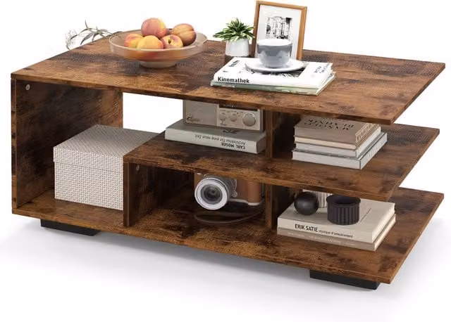 COSTWAY Geometric Industrial Coffee Table with Storage in Brown