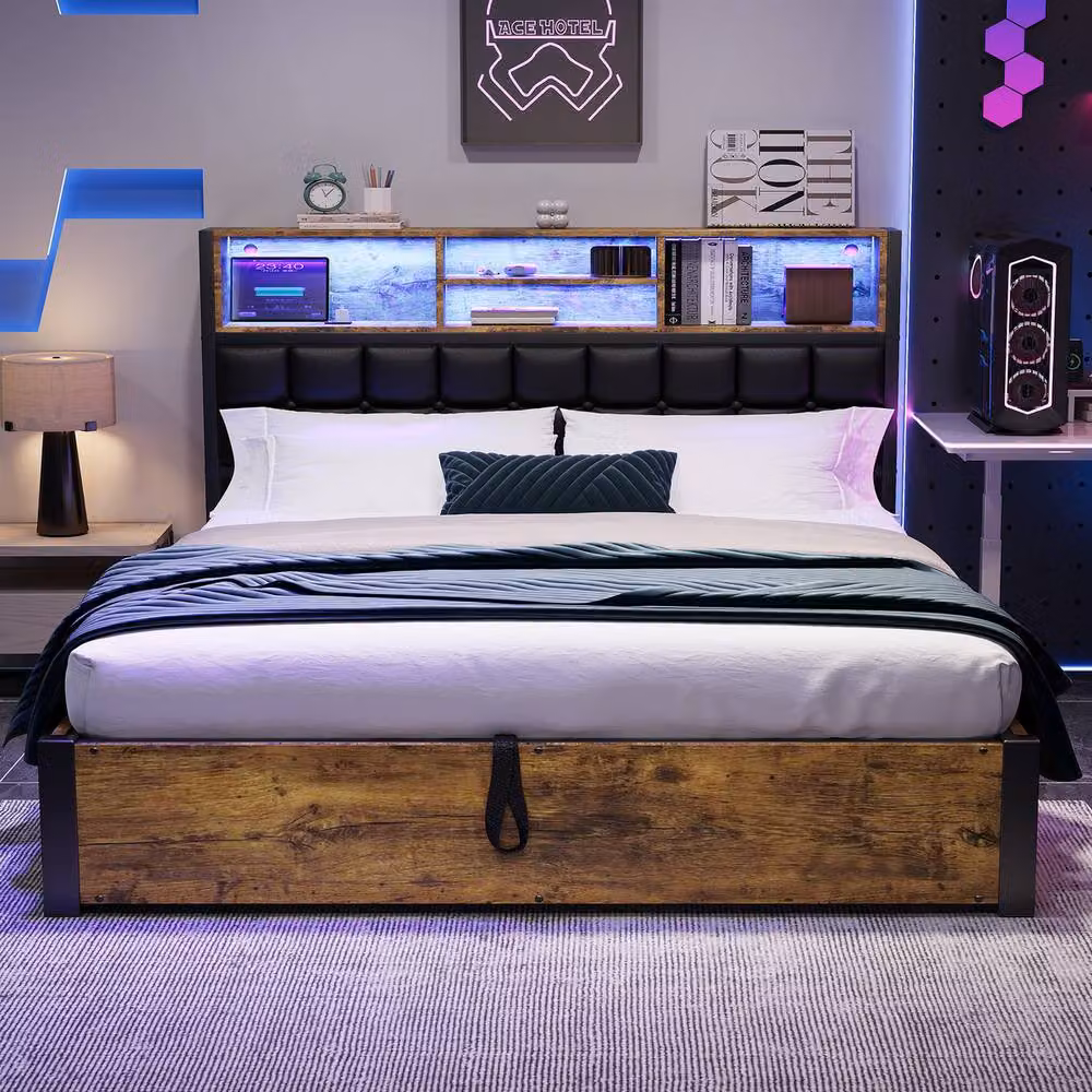Rolipo 4ft6 Double Hydraulic Storage Bed with LED Lights and USB Charging Ports in Brown – 2