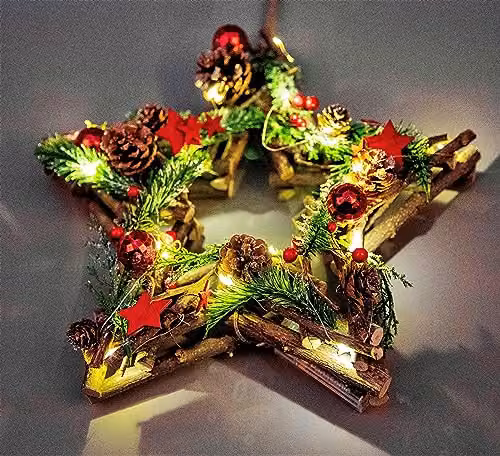 SHATCHI Prelit Star Wreath Christmas Hanging Decoration with Red Baubles, Berries and LED Lights, Diameter: 35 cm – 2