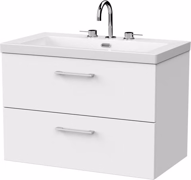 Balterley Pershall Modern Wall Mounted 2 Drawer Vanity Unit and 3TH Fireclay Basin, Matt White, Width: 80 cm