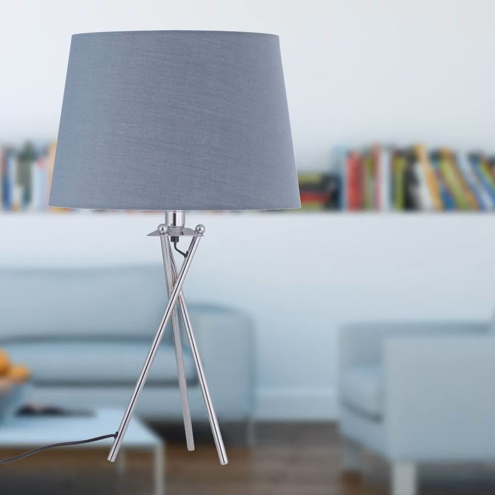 First Choice Lighting Tripod Table Lamp with Grey Fabric Shade and Chrome Base – 3