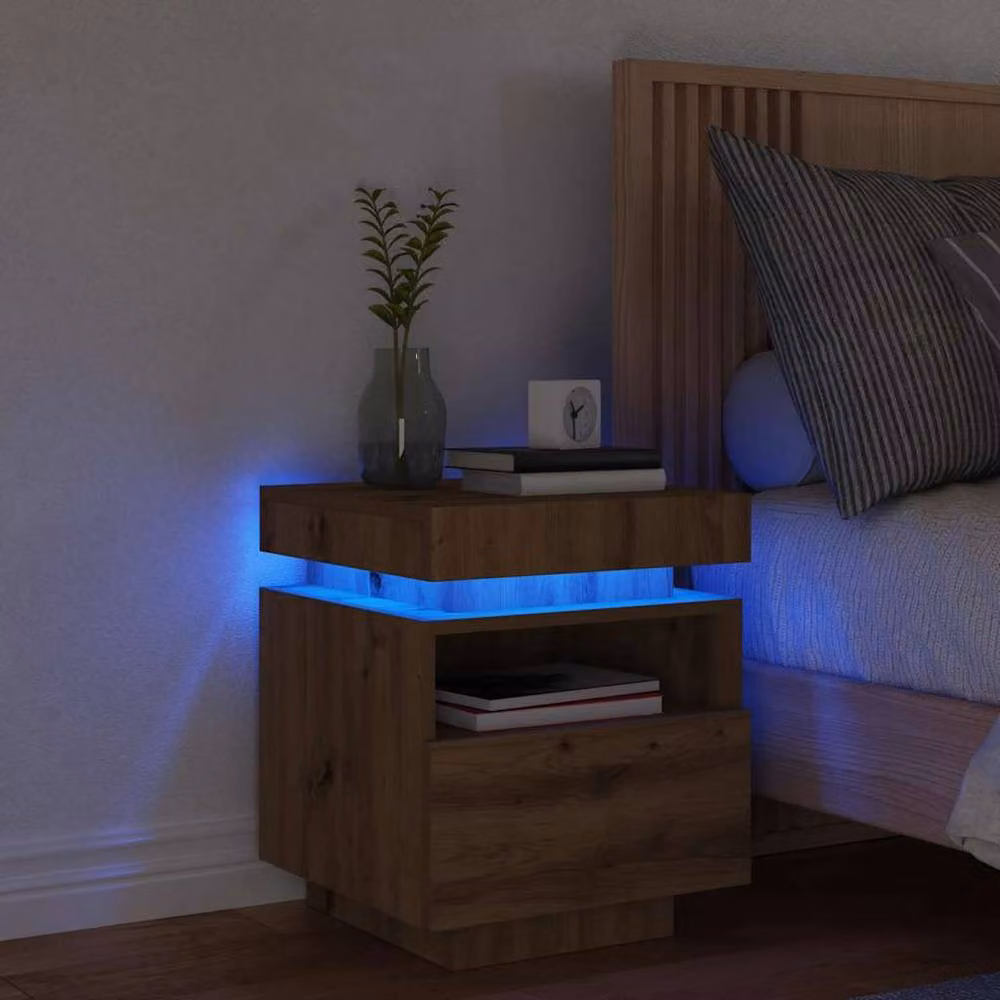Berkfield Home Decorative Bedside Cabinet with Integrated LED Lights in Artisan Oak Brown, W: 39 cm, D: 39 cm, H: 48.5 cm – 3