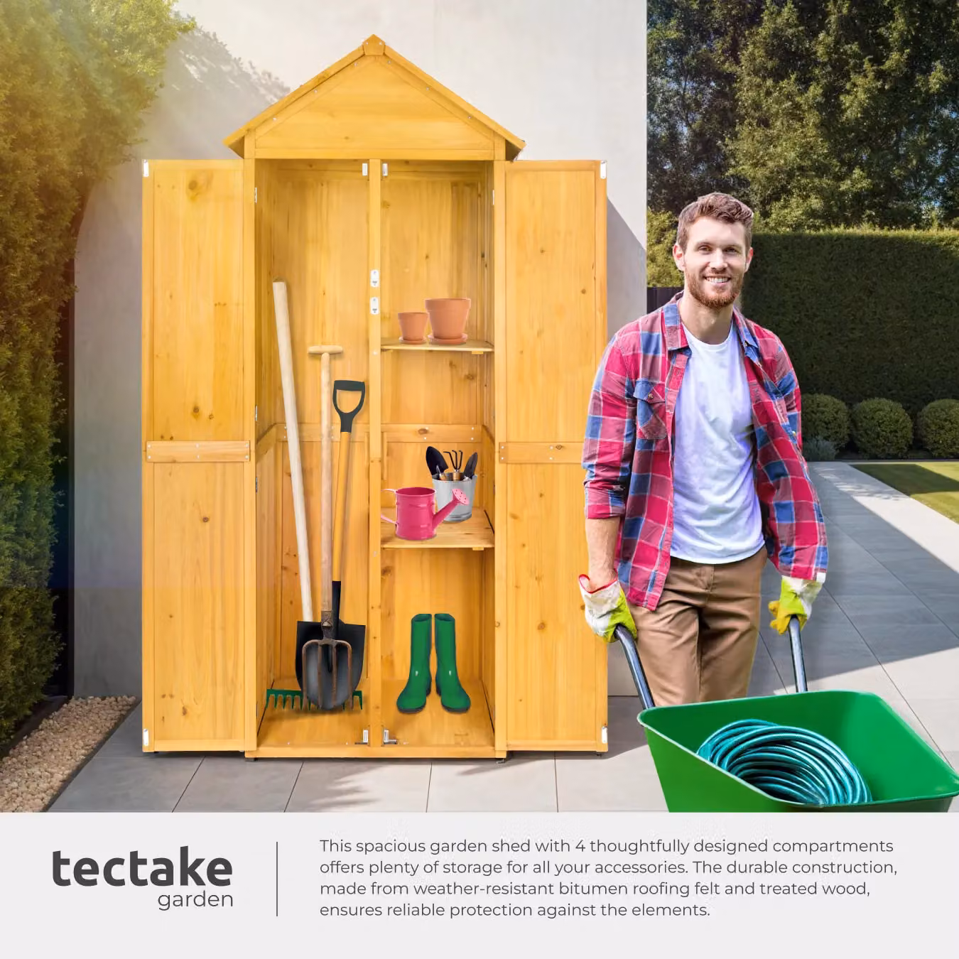 tectake Brown Impregnated Wood Garden Shed with Pitch Roof, Double Doors and Shelving, W/D/H: 213.5 x 80.5 x 60.0 cm – 4