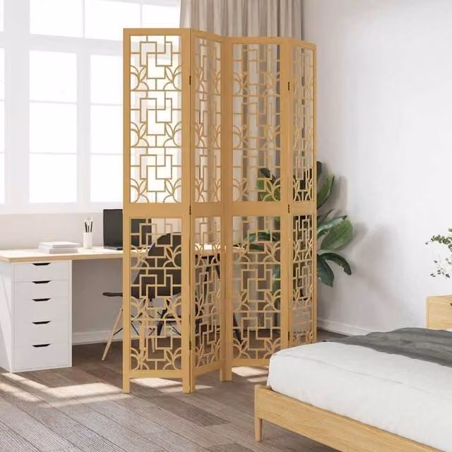 Berkfield Home 4-Panel Geometric Room Divider in Light Tan Paulownia Wood