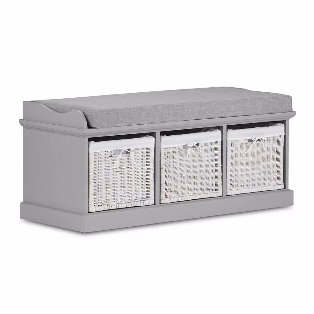 Statement Furniture Tetbury Hallway Set with 3 White Wicker Baskets and Grey Cushion in Light Grey – 2