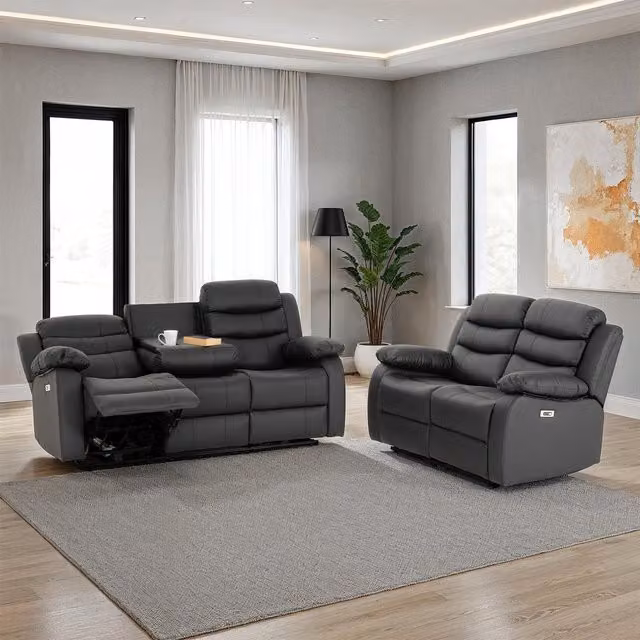 Seconique Roma 3 and 2 Seater Electric Recliner Suite in Grey Synthetic Leather with USB Charging