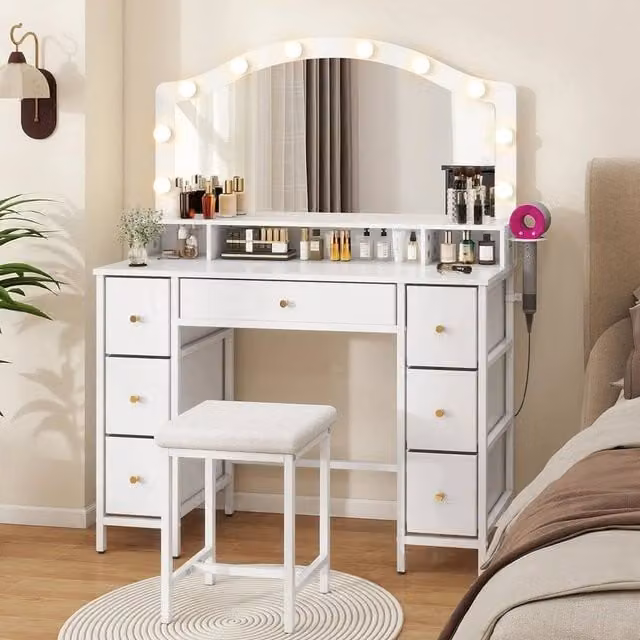 FORGEVIO White Modern Dressing Table and Stool Set with 10 LED Hollywood Bulbs