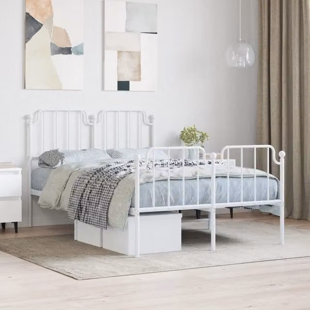 Berkfield Home Metal Bed Frame with Headboard and Footboard in White, W/D/H: 120 x 200 cm – 1