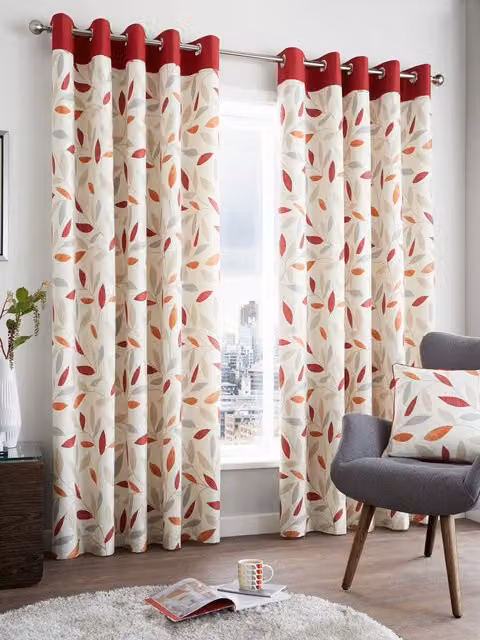 Fusion Beechwood Leaf Floral Cotton Eyelet Curtains in Red and Multicolour, Width: 229 cm, Drop: 229 cm