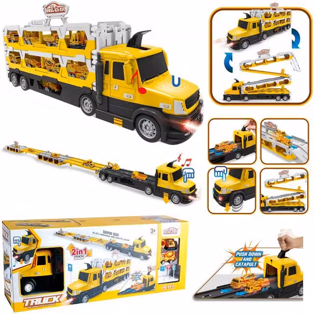 Rexco 2-in-1 Electronic Truck Toy Car Carrier and Race Track Playset in Yellow and Black