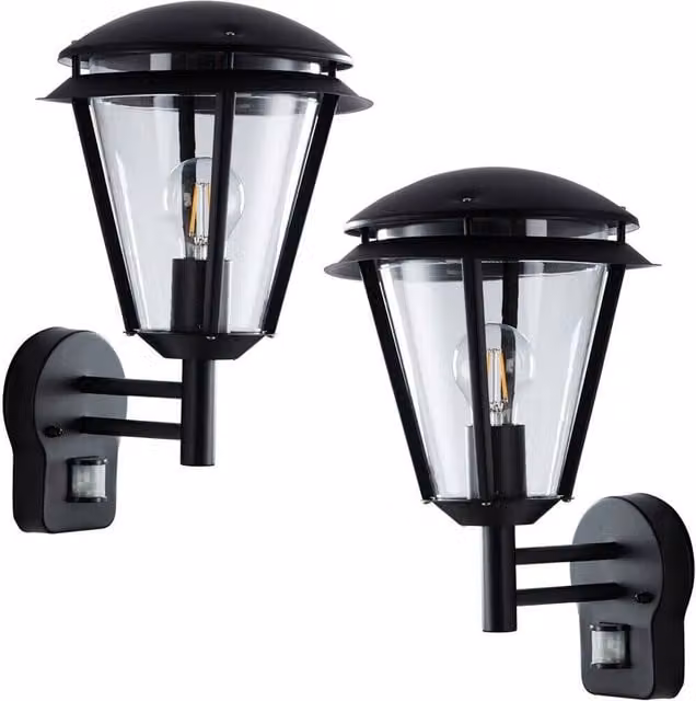 Loops 2 Pack Modern Outdoor Wall Lanterns in Matt Black with Motion Sensor and Timer, IP44 Rated