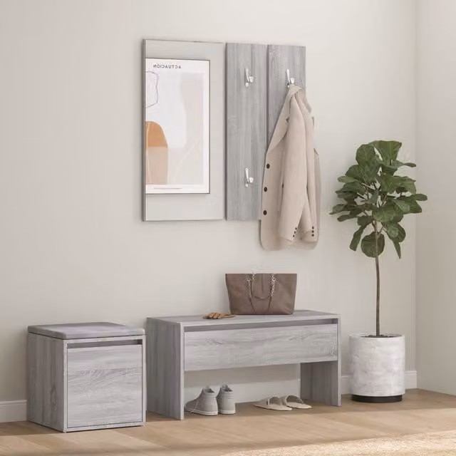 Berkfield Home Hallway Furniture Set in Grey Sonoma, featuring a Bench, Mirror and Wall Rack