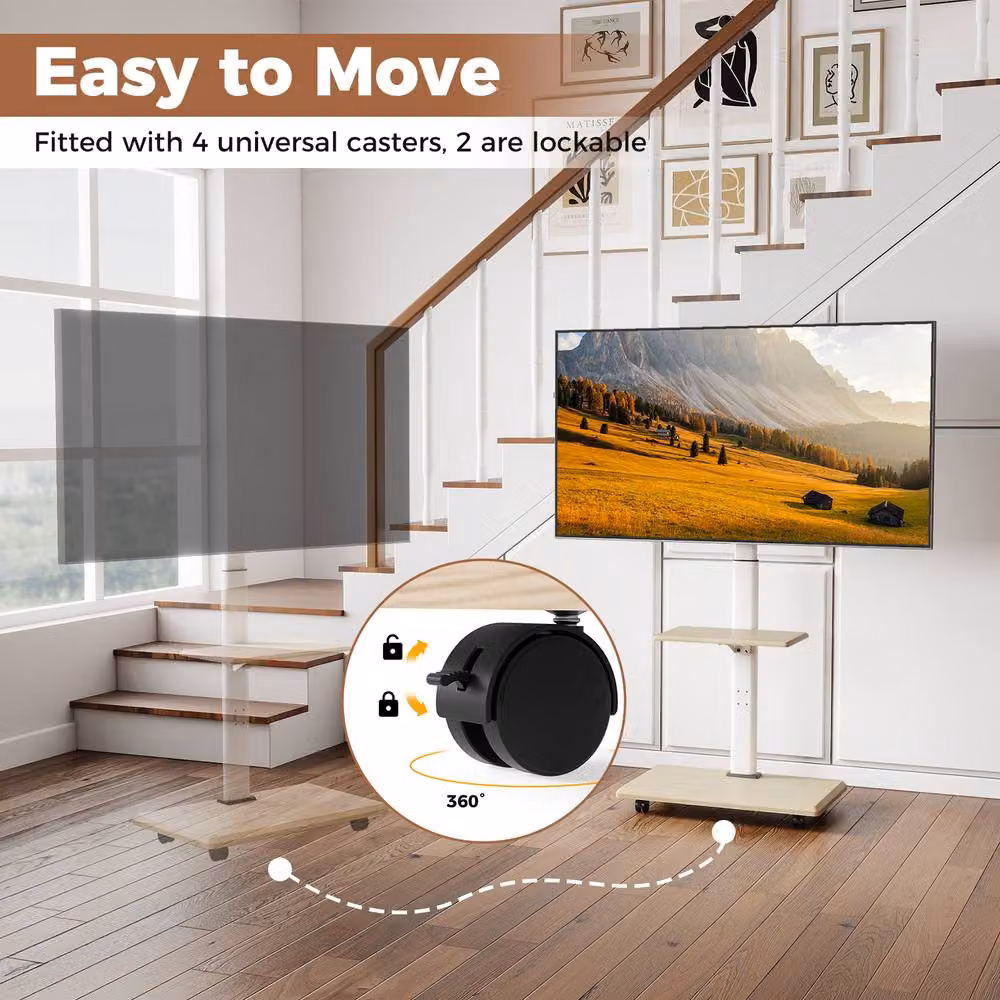 Costway Rolling TV Stand Mobile TV Cart for 32 to 75 inch TVs with Shelf and 30 Degree Tilt Mount in Natural – 4