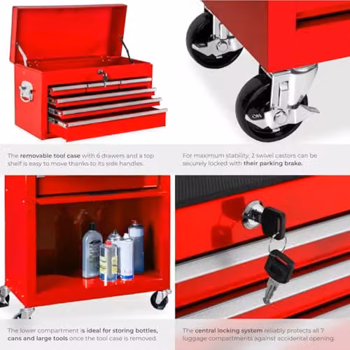 tectake Lockable and Rollable Steel Tool Chest in Red – 6