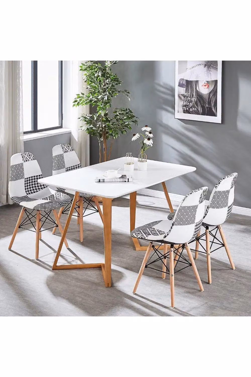 Life Interiors Modern Abstract Patchwork Dining Chair in Black, White and Multicolour with Wooden Legs and Metal Frame – 3