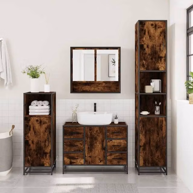 Berkfield Home 4-Piece Industrial Bathroom Furniture Set in Smoked Oak Brown – 1