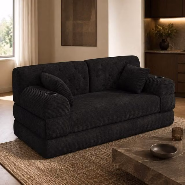 STILVORA Modern Upholstered Sleeper Sofa with Metal Frame and Cup Holders in Black