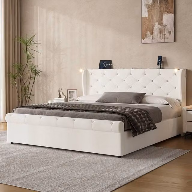 Merax Beige Velvet 5ft King Size Ottoman Storage Bed with Integrated Reading Light and USB Charging Port W/D/H: 180 x 200 cm