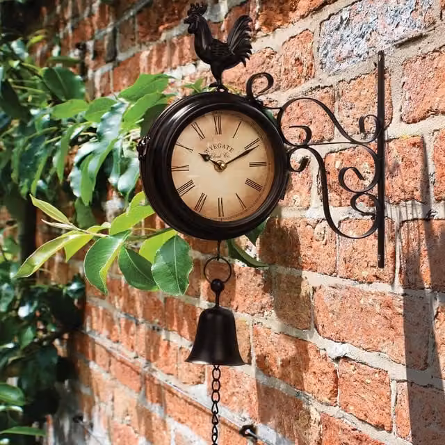 Garden Gear Black Metal Rooster Wall Mounted Analog Clock with Thermometer