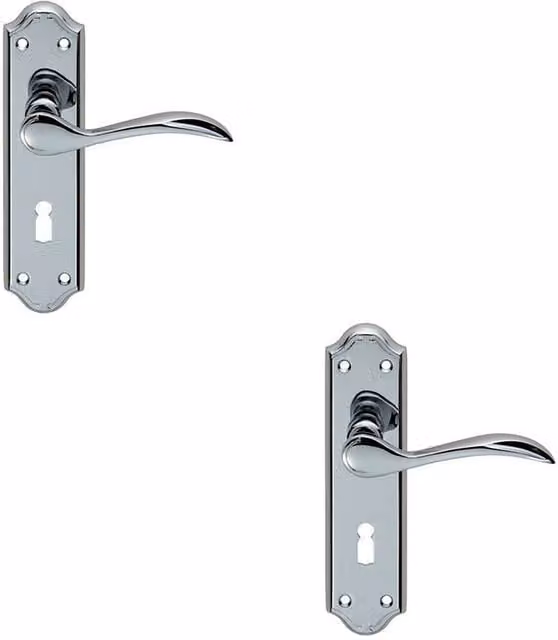 Loops 2x Pair Curved Door Handle Lever on Lock Backplate, Polished Chrome, W: 18 cm, H: 4.5 cm
