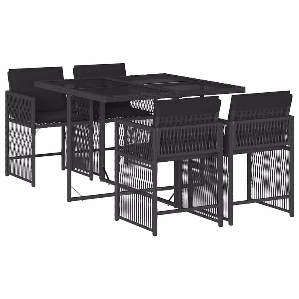 Berkfield Home 5 Piece Black Poly Rattan Garden Dining Set with Glass Top and Cushions – 2