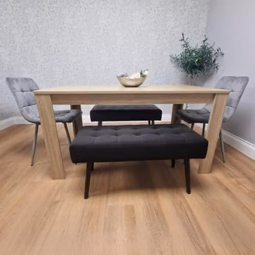 KOSY KOALA Oak Effect Dining Table Set with 2 Grey Velvet Chairs and 2 Black Benches