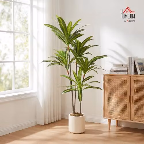 HOMCOM 150cm Artificial Dracaena Tree with Bendable Trunks in Green and White – 2