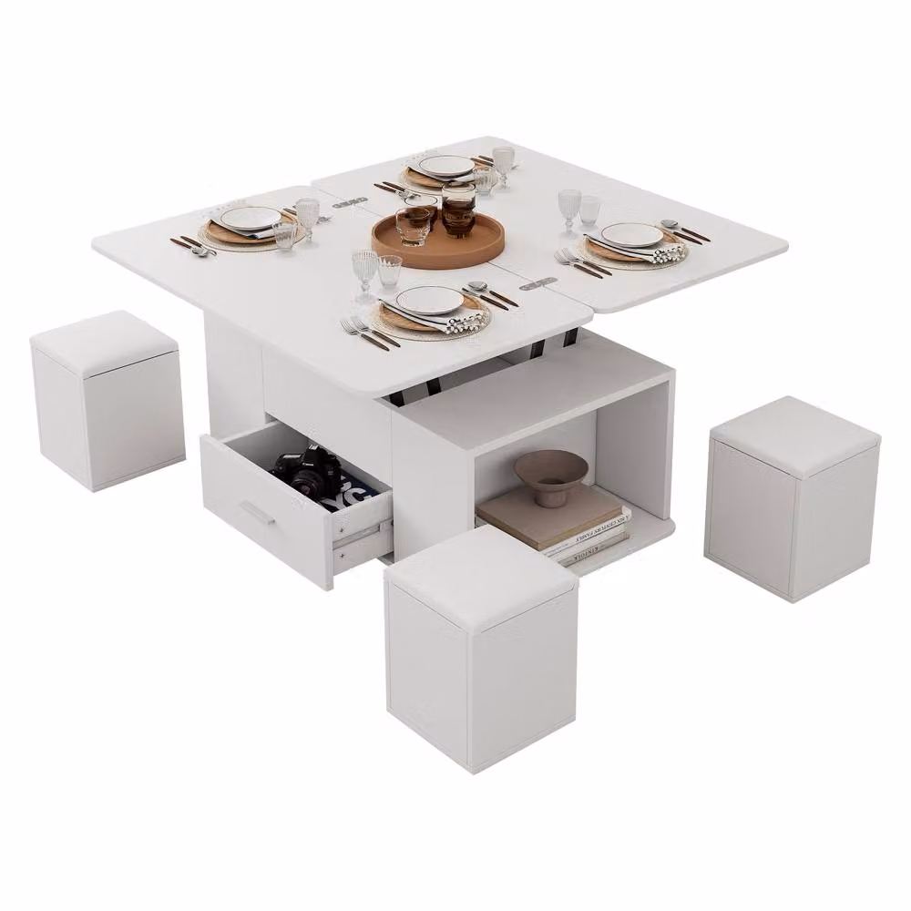 ModernLuxe White Lift Top Coffee Table with Wheels, 4 Stools and Hidden Storage – 2