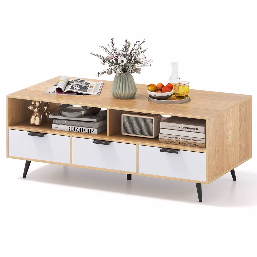 Costway Rectangular Coffee Table with Storage in Natural Brown and White – 2