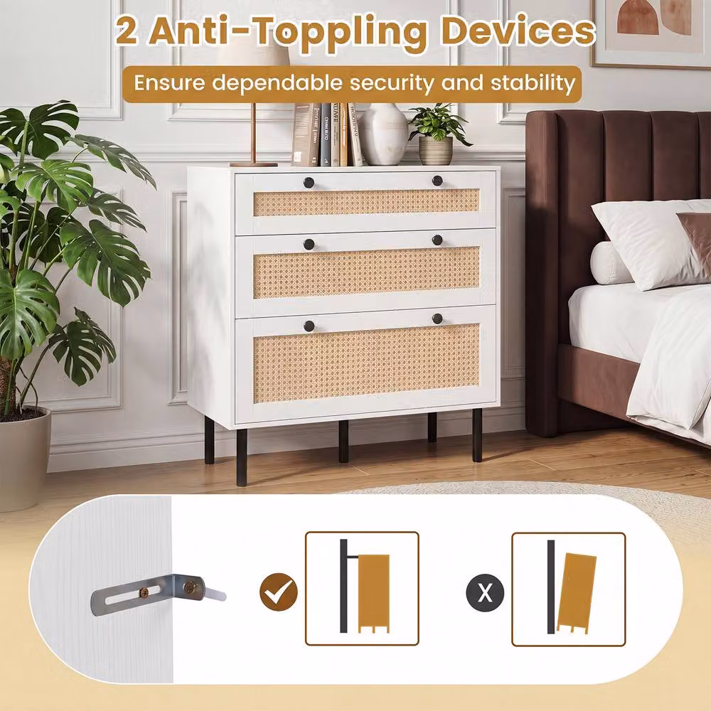 Gymax Boho Rattan Modern Chest of Drawers with 5 Metal Legs in White, Width: 75 cm – 5