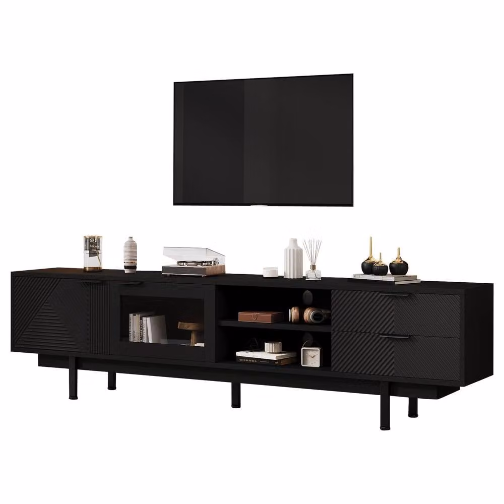 Rolipo Modern Black TV Unit with Storage and Media Compartments – 6