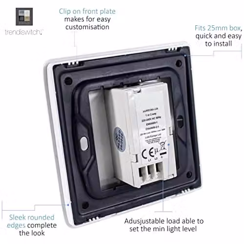 Trendi 1 Gang 2 Way 100w LED Dimmer Screwless 10 Amp Light Switch - Sky Blue – 4