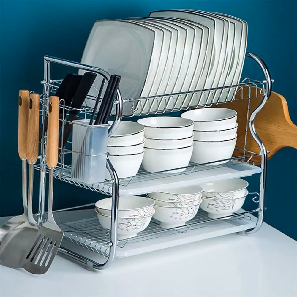 Havendro 3-Tier Silver Metal Dish Drainer Rack with Drip Tray and Anti-Slip Feet – 3