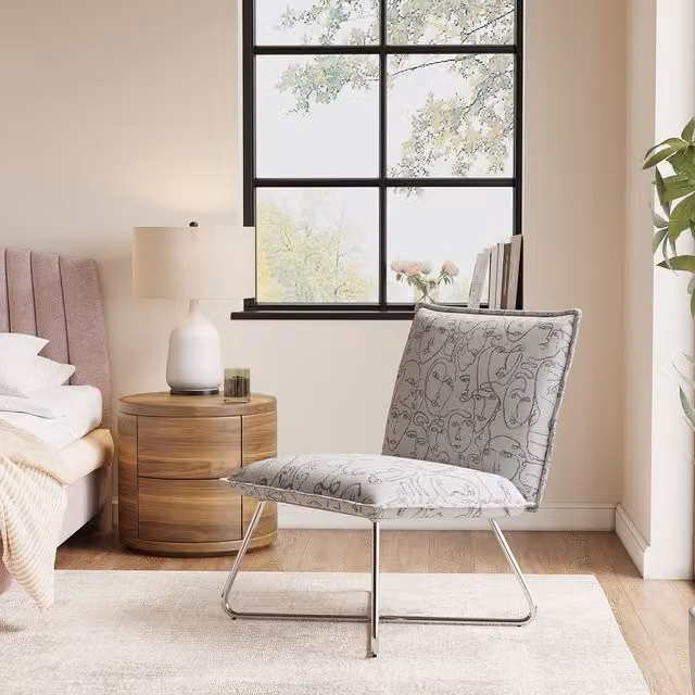 Livingandhome Modern Abstract Accent Chair with Metal Frame in White and Grey Fabric