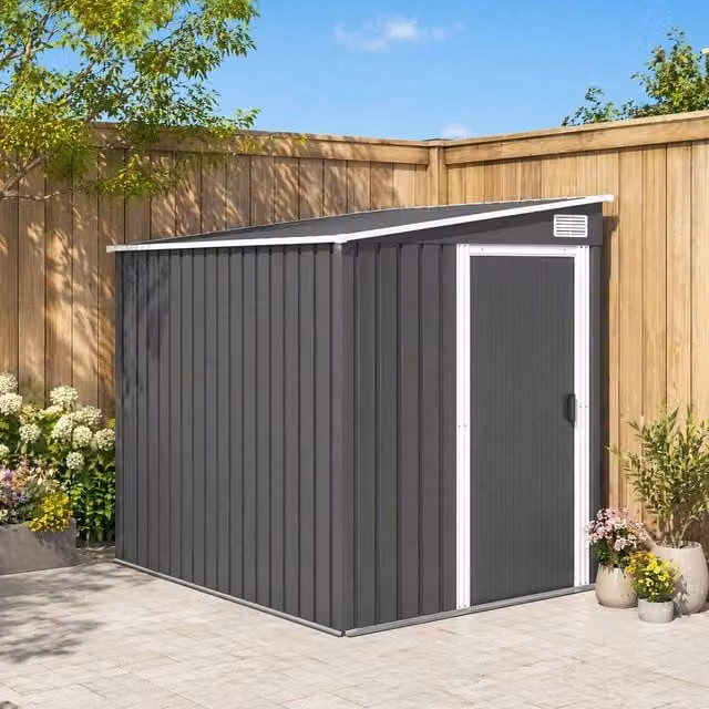 STILVORA Modern Grey Galvanised Steel Pent Garden Storage Shed with Shelving and Sliding Doors, H 213.36 x W 152.4 x D 154.0 cm