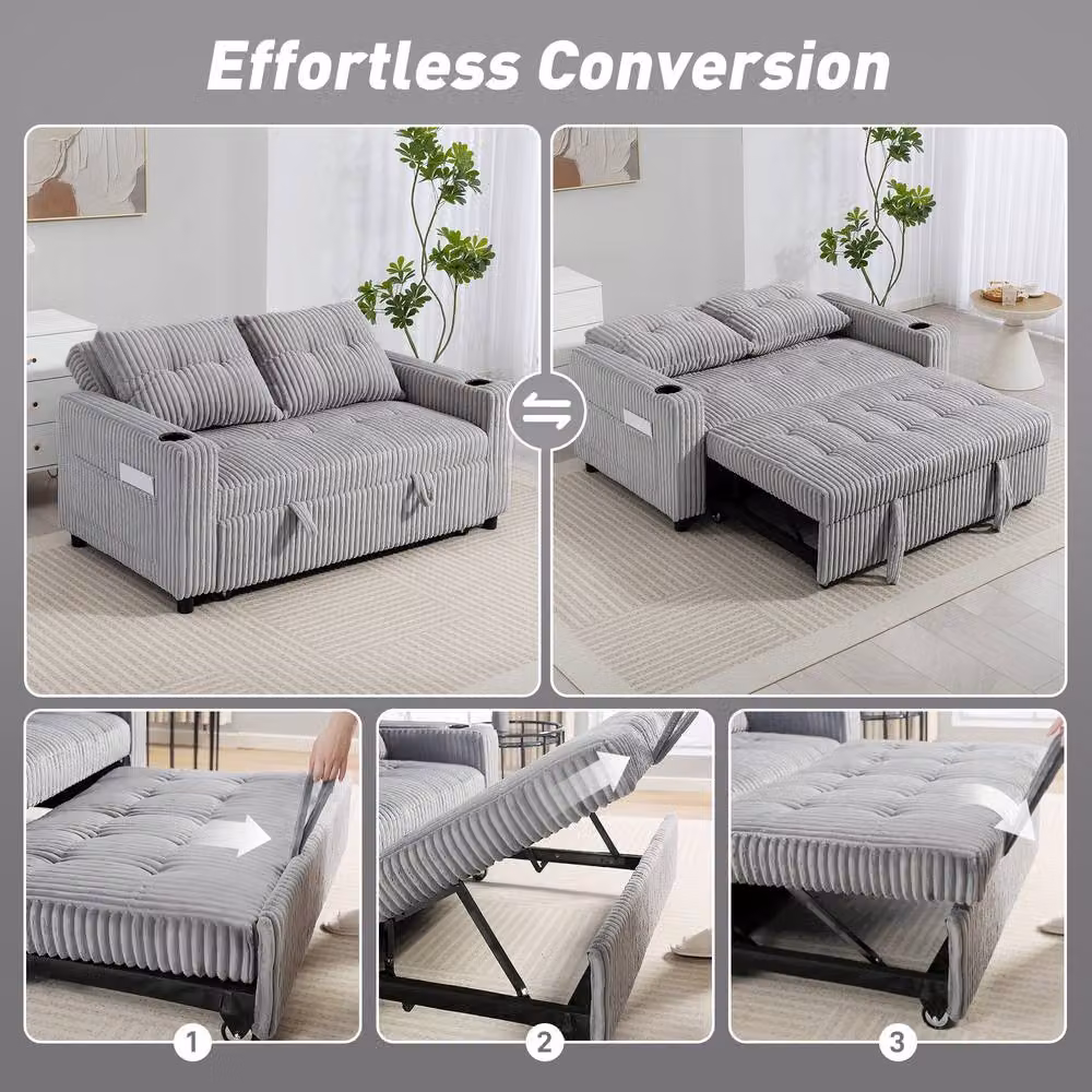HOMCOM 2 Seater Click Clack Sofa Bed with Scatter Cushions, Light Grey – 3