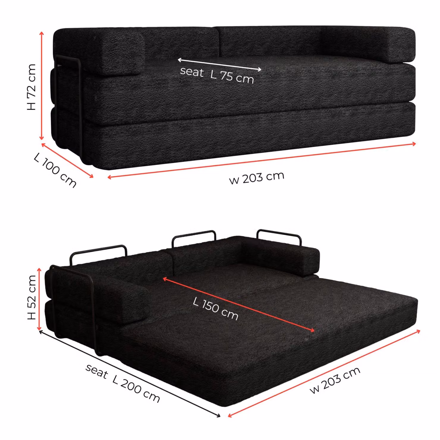MN Furniture Modern 3 Seater Fabric Sofa Bed with Metal Frame in Black or Grey, W/D/H: 203 x 140 x 72 cm – 2