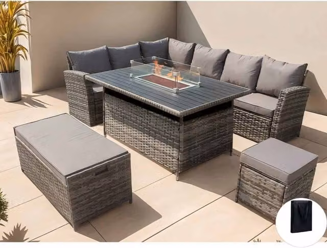 Furniture Maxi Rosen 9 Seater Rattan Garden Furniture Set with Grey Corner Sofa, Aluminium Fire Pit Dining Table and Storage Box