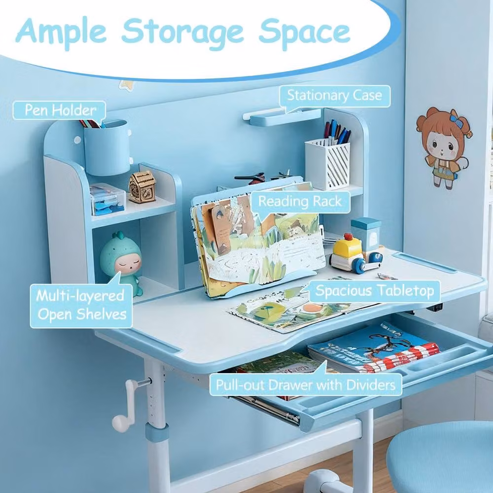 Gymax Height-Adjustable Tilting Study Desk and Chair Set for Children in Baby Blue – 2