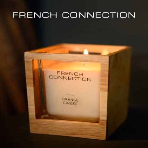 French Connection Orange Ginger Scented Candle with Brown Wooden Surround, 495g – 2