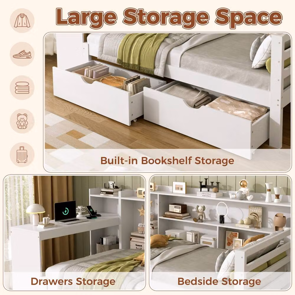 Merax White Wooden Single Cabin Daybed with Desk, Storage Drawers, Bedside Shelf and USB Charging Port, 90 x 190 cm – 3