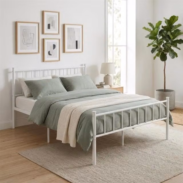 Harbour Housewares White Minimalist Metal Double Bed Frame, W/D/H: 140 x 200 x 36 cm