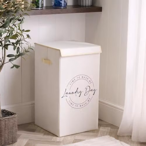 OHS Collapsible Large Tall Laundry Basket with Lid and Handles, Beige, H 66 x W 35 x D 1 cm – 1