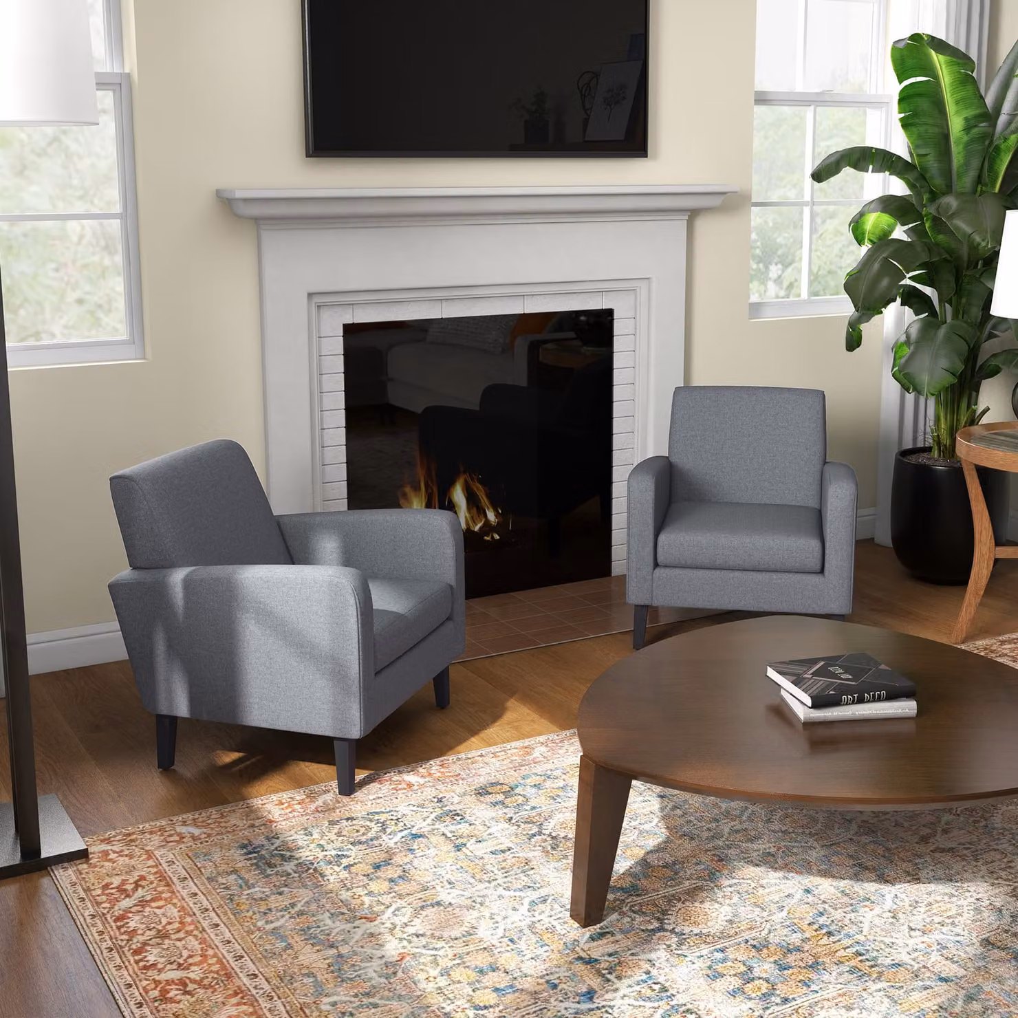 HOMCOM Set of 2 Modern Upholstered Grey Accent Armchairs with Rubberwood Legs – 2