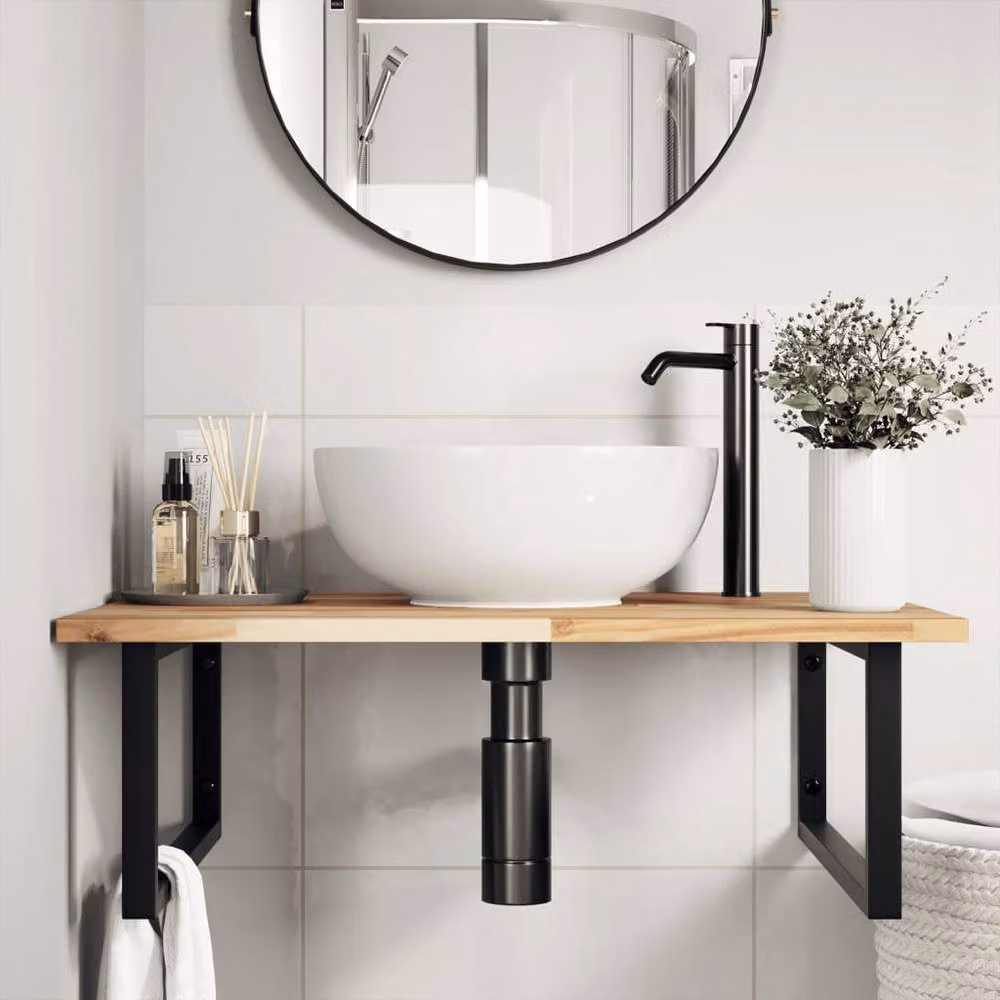 Berkfield Home Wall Mounted Basin Shelf in Brown Acacia Wood and Steel – 2
