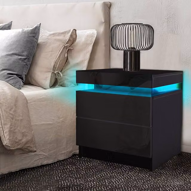 Levede Black High Gloss Bedside Table with 2 Drawers and Integrated RGB LED Lighting