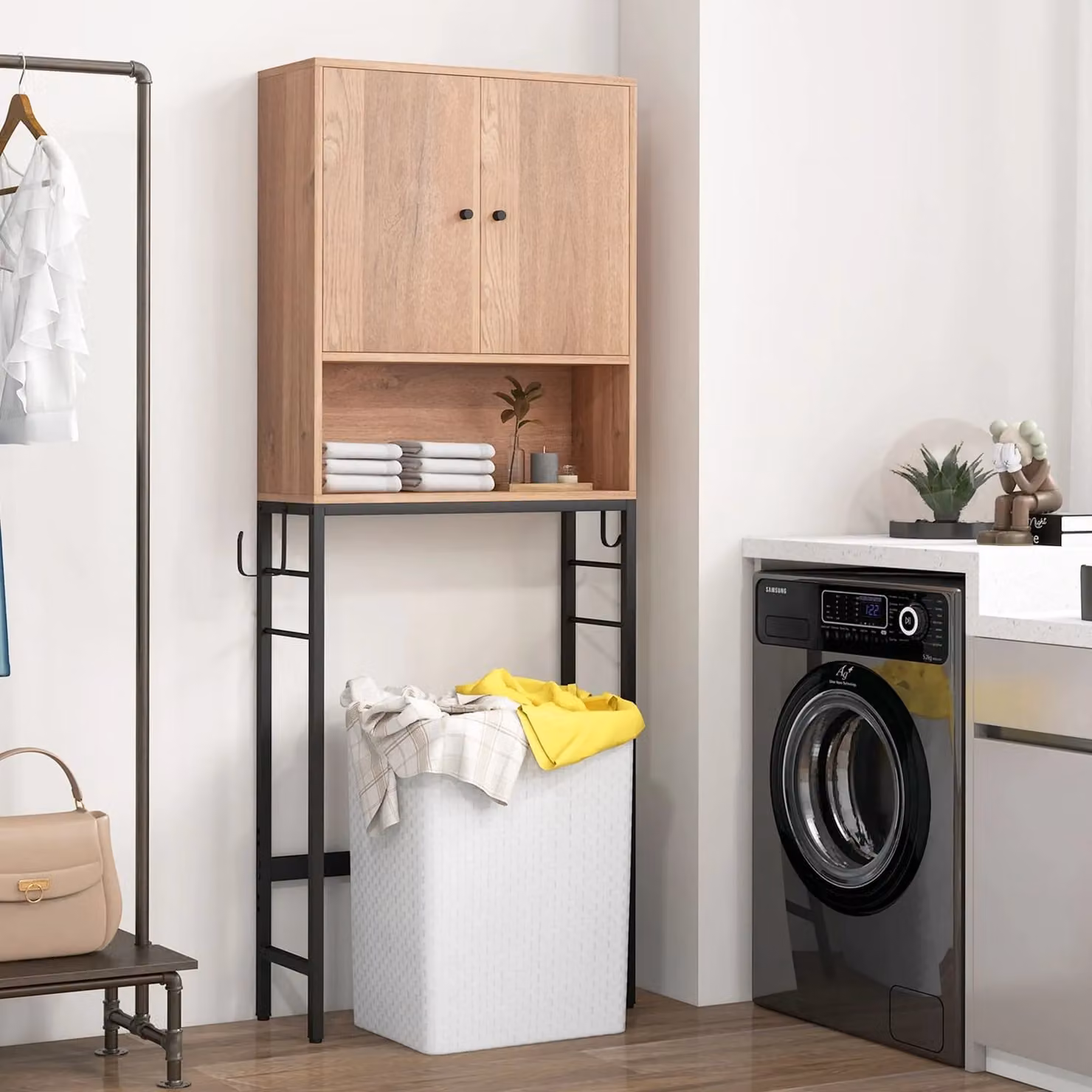 Costway Free Standing Over The Toilet Storage Cabinet in Natural Wood and Metal with Adjustable Shelves – 3
